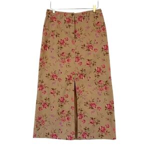 Eddie Bauer Floral Denim Midi Skirt‎ Womens 12 Khaki Pink Roses Y2K Cottagecore